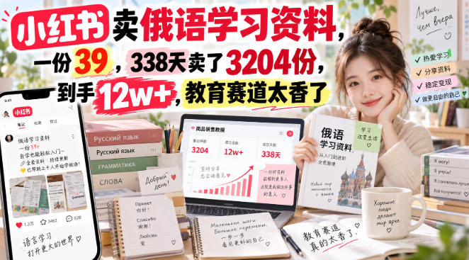 小红书卖俄语学习资料,一份39,338天卖了3204份,到手12w+,教育赛道太香了-我爱项目网