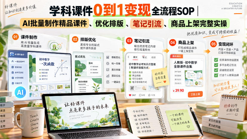 学科课件0到1变现全流程SOP|AI批量制作精品课件、优化排版、笔记引流、商品上架完整实操-我爱项目网