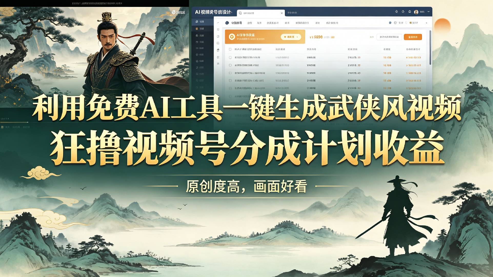 利用免费AI工具一键生成武侠风视频,狂撸视频号分成计划收益,原创度高,画面好看-我爱项目网
