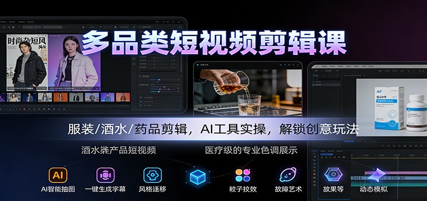 多品类短视频剪辑课：服装/酒水/药品剪辑，AI工具实操，解锁创意玩法-我爱项目网