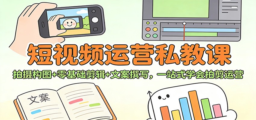 短视频运营私教课：拍摄构图+零基础剪辑 +文案撰写，一站式学会拍剪运营-我爱项目网