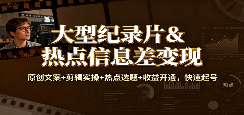 大型纪录片&热点信息差变现：原创文案+剪辑实操+热点选题+收益开通，快速起号-我爱项目网