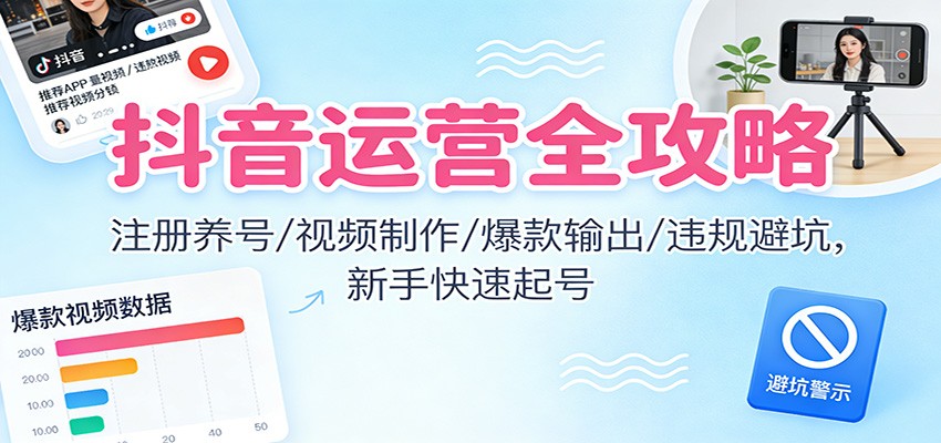 抖音运营全攻略:注册养号/视频制作/爆款输出/违规避坑,新手快速起号-我爱项目网