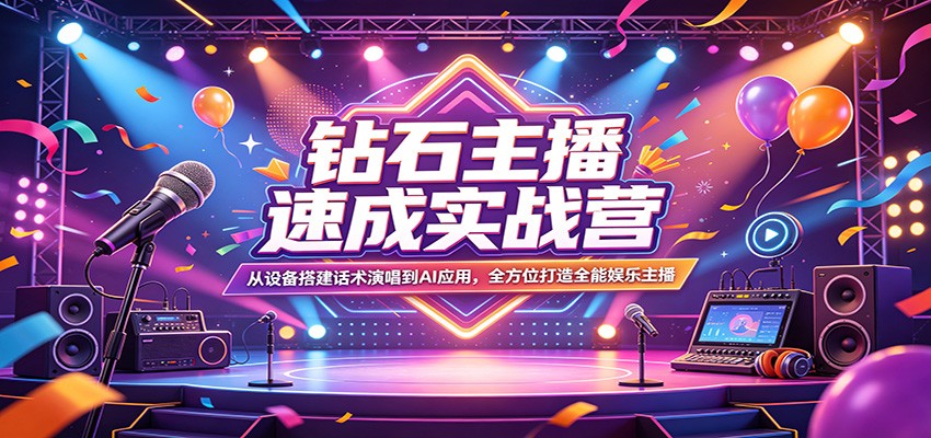 钻石主播速成实战营：从设备搭建话术演唱到AI应用，全方位打造全能娱乐主播-我爱项目网