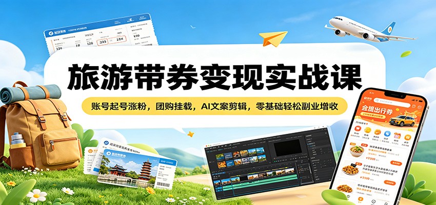 旅游带券变现实战课：账号起号涨粉，团购挂载，AI文案剪辑，零基础轻松副业增收-我爱项目网