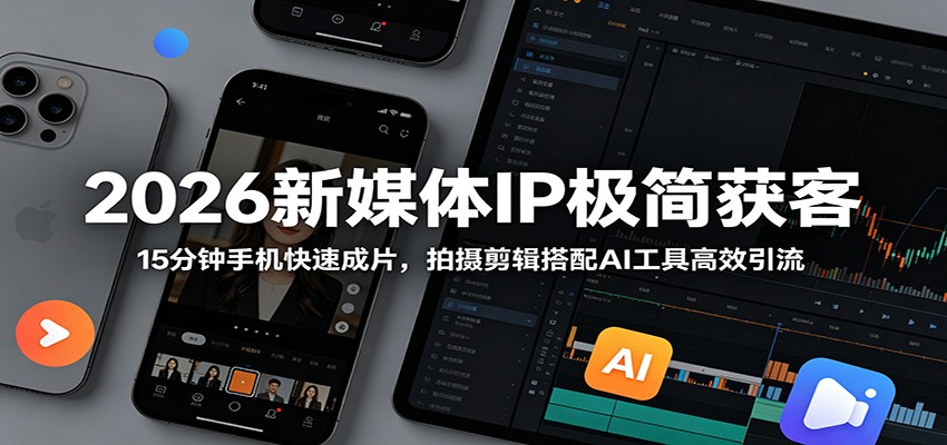 2026新媒体IP极简获客：15分钟手机快速成片，拍摄剪辑搭配AI工具高效引流-我爱项目网