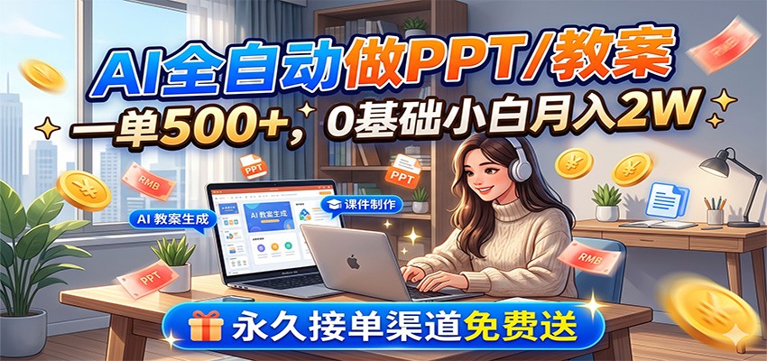 AI全自动做PPT/教案，一单500+，0基础小白月入2W，永久接单渠道免费送-我爱项目网