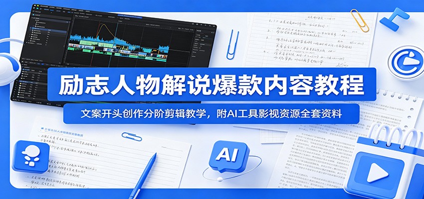 励志人物解说爆款内容教程：文案开头创作分阶剪辑教学，附AI 工具影视资源全套资料-我爱项目网