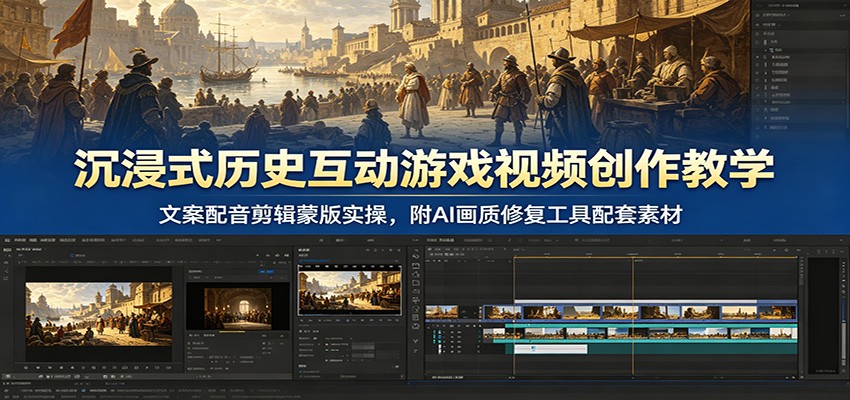 沉浸式历史互动游戏视频创作教学：文案配音剪辑蒙版实操，附AI画质修复工具配套素材-我爱项目网