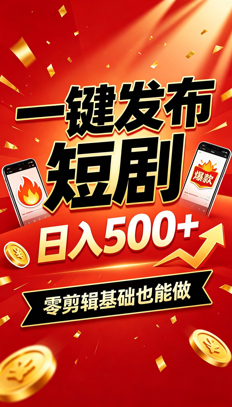快手短剧一键发布，不用剪辑操作简单，副业日入500+。空闲时间轻松赚收益-我爱项目网