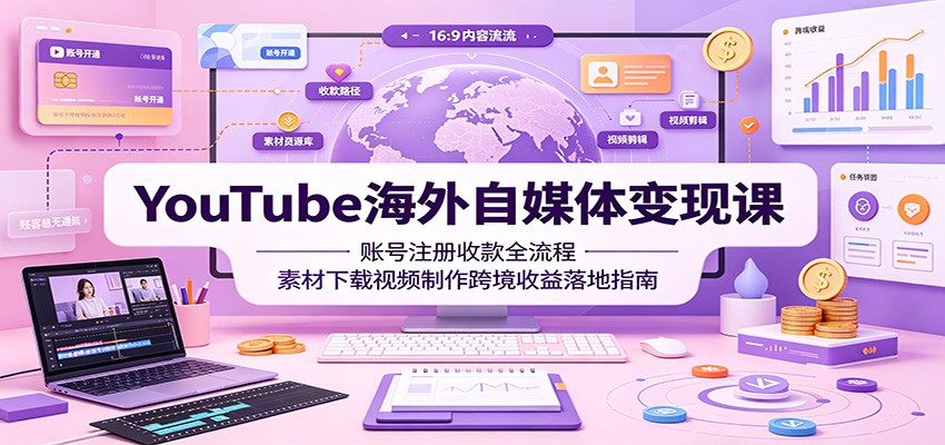 YouTube海外自媒体变现课：账号注册收款全流程，素材下载视频制作跨境收益落地指南-我爱项目网