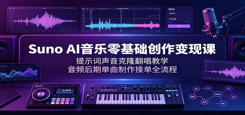 Suno AI音乐零基础创作变现课：提示词声音克隆翻唱教学，音频后期单曲制作接单全流程-我爱项目网