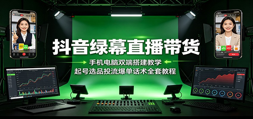 抖音绿幕直播带货：手机电脑双端搭建教学，起号选品投流爆单话术全套教程-我爱项目网