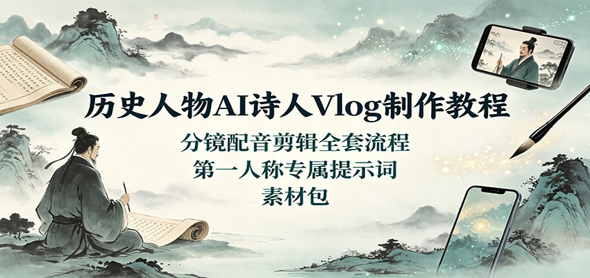历史人物AI诗人Vlog制作教程：分镜配音剪辑全套流程，第一人称专属提示词素材包-我爱项目网
