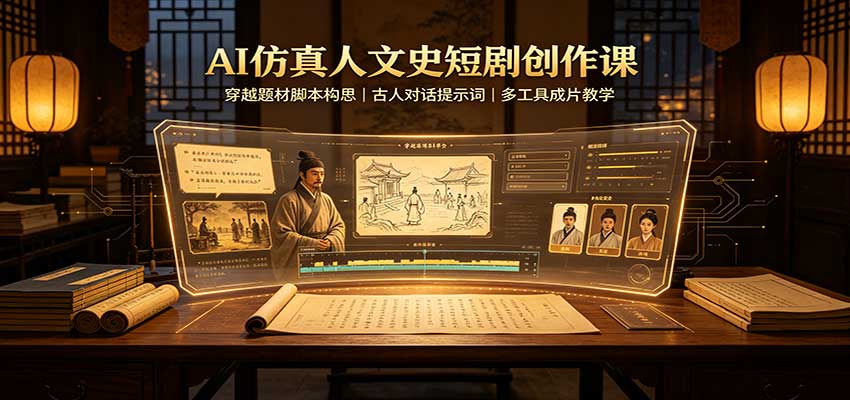 AI仿真人文史短剧创作课：穿越题材脚本构思，古人对话提示词，多工具成片教学-我爱项目网
