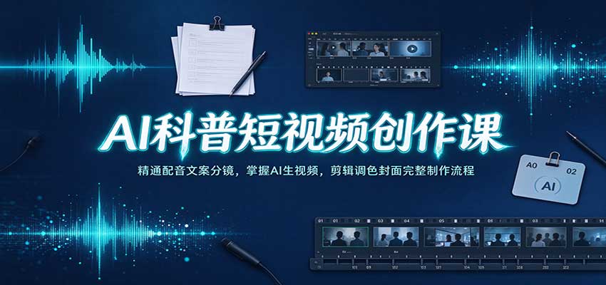AI科普短视频创作课：精通配音文案分镜，掌握AI生视频，剪辑调色封面完整制作流程-我爱项目网