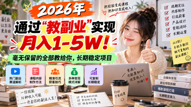 “教副业”实现月入1-5W！长期稳定，毫无保留的全部教给你！-我爱项目网