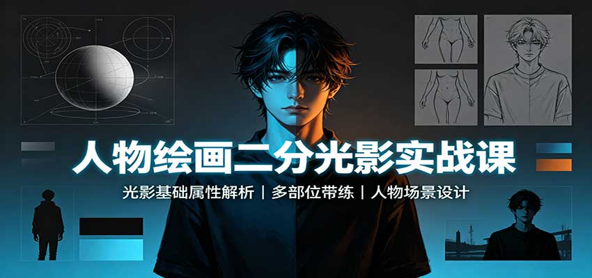 人物绘画二分光影实战课：光影基础属性解析，多部位带练，人物场景设计-我爱项目网