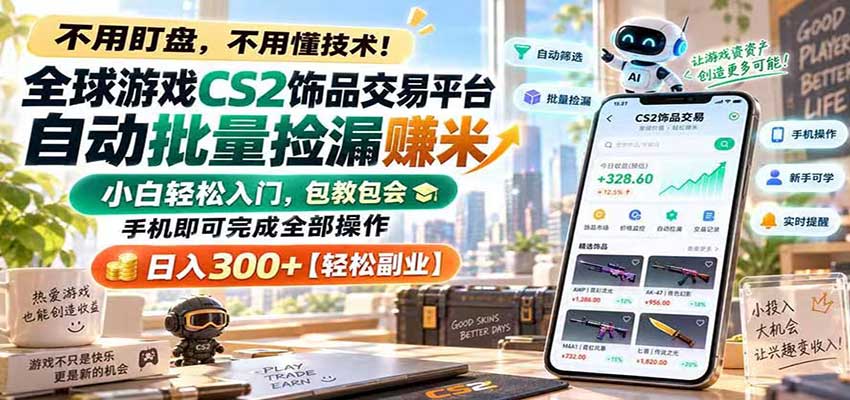 全球游戏CS2饰品交易平台自动批量捡漏赚米,手机即可完成全部操作,日入300+-我爱项目网