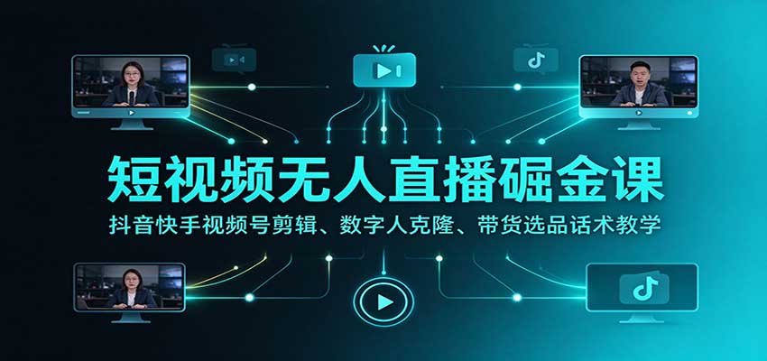短视频无人直播掘金课：抖音快手视频号剪辑、数字人克隆、带货选品话术教学-我爱项目网