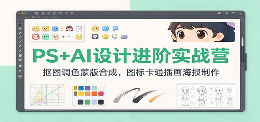 PS+AI设计进阶实战营：抠图调色蒙版合成，图标卡通插画海报制作-我爱项目网