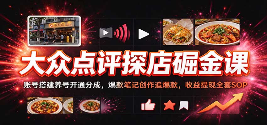 大众点评探店掘金课：账号搭建养号开通分成，爆款笔记创作追爆款，收益提现全套SOP-我爱项目网