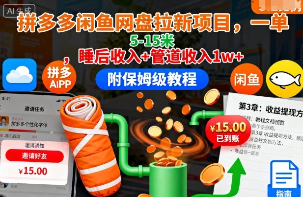 拼多多闲鱼网盘拉新项目,一单5-15米,睡后收入+管道收入1w+(附保姆级教程)-我爱项目网