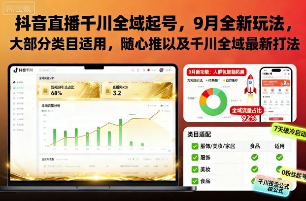 抖音直播千川全域起号，9月全新玩法，大部分类目适用，随心推以及千川全域最新打法-我爱项目网