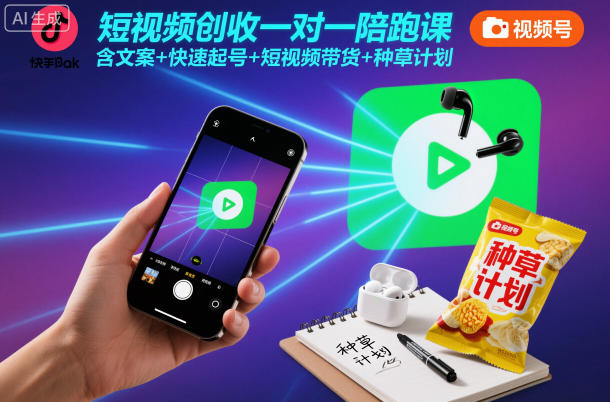 短视频创收一对一陪跑课，含文案+快速起号+短视频带货+种草计划-我爱项目网