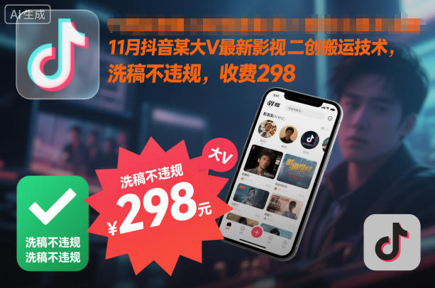 11月抖音某大V最新影视二创搬运技术,洗稿不违规,收费298-我爱项目网