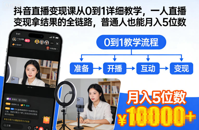 抖音直播变现课从0到1详细教学，一人直播变现拿结果的全链路，普通人也能月入5位数-我爱项目网