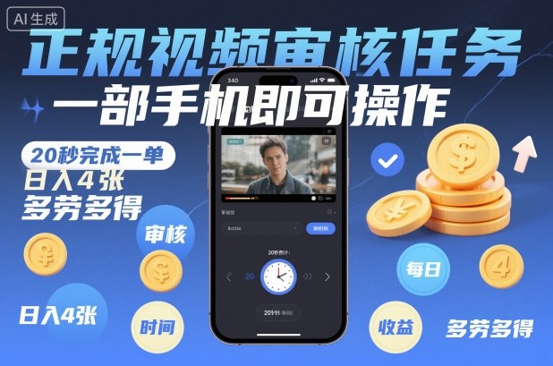 正规视频审核任务，一部手机即可操作，20秒完成一单，日入4张，多劳多得【揭秘】-我爱项目网