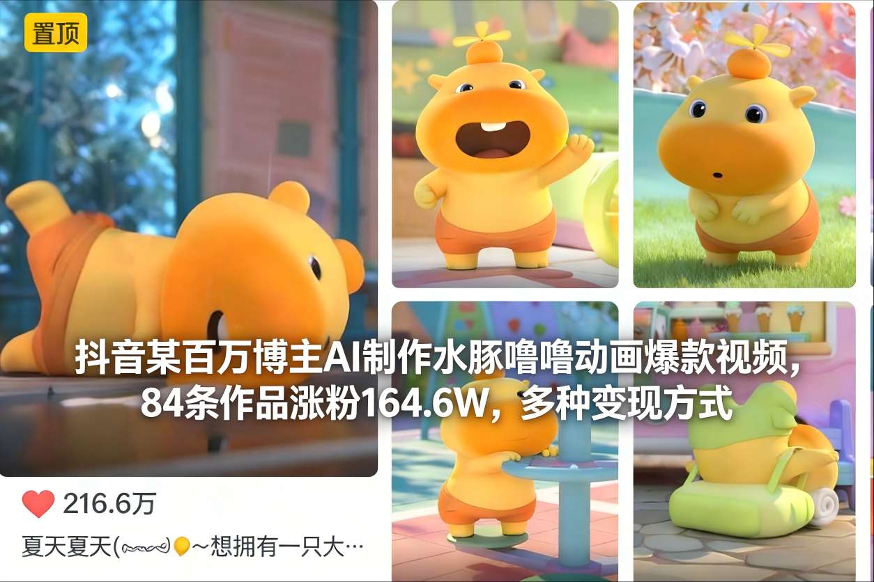 抖音某百万博主AI制作水豚噜噜动画爆款视频，84条作品涨粉164.6W，多种变现方式-我爱项目网