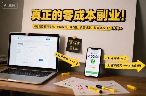 真正的零成本副业！问卷调查暴利项目，无脑操作，纯0撸，收益稳定，每天轻松日入100+【揭秘】-我爱项目网
