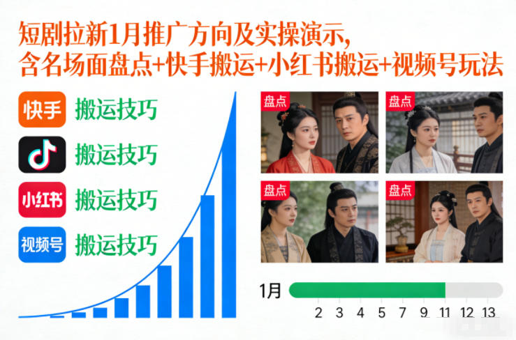 短剧拉新1月推广方向及实操演示，含名场面盘点+快手搬运+小红书搬运+视频号玩法-我爱项目网