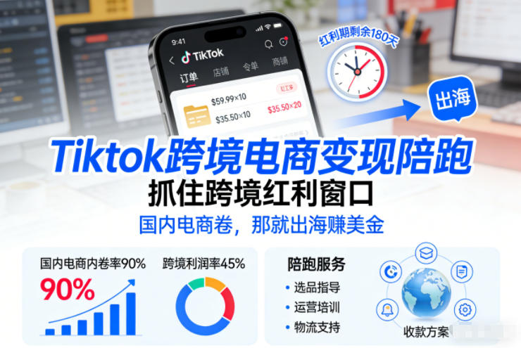 Tiktok跨境电商变现陪跑，抓住跨境红利窗口，国内电商卷，那就出海賺美金-我爱项目网
