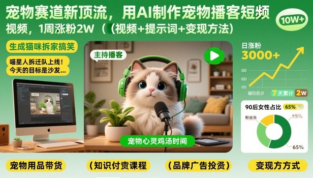 宠物赛道新顶流，用AI制作宠物播客短视频，1周涨粉2W（视频+提示词+变现方法）-我爱项目网
