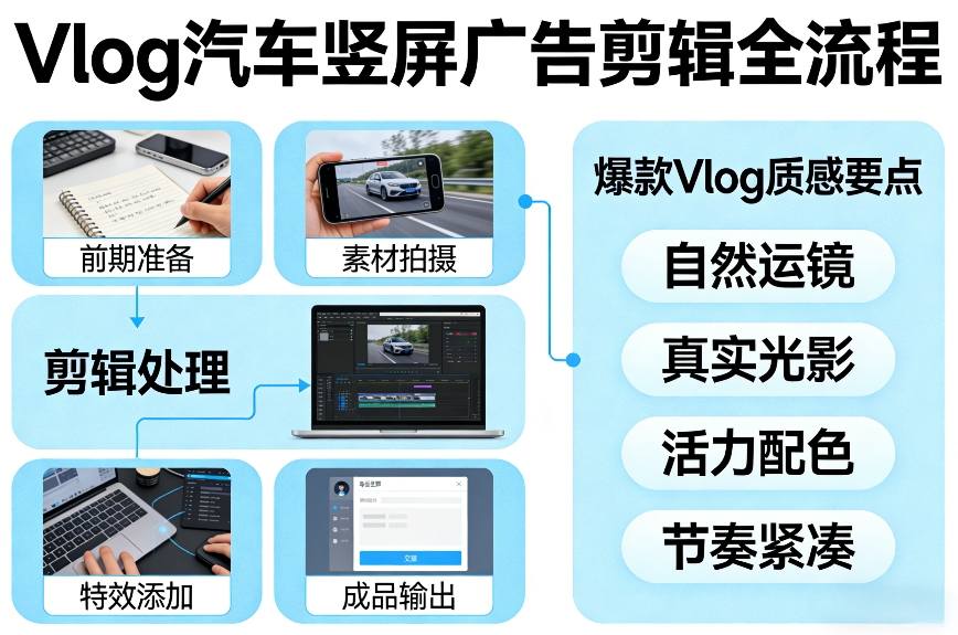 Vlog感觉汽车竖屏广告剪辑脚本全流程，拿捏爆款Vlog质感-我爱项目网