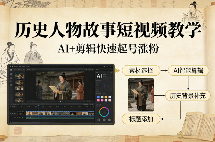 历史人物故事短视频教学，AI+剪辑制作历史人物题材短视频，快速起号涨粉-我爱项目网