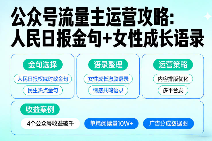 利用人民日报金句+女性成长语录做公众号流量主,4个公众号收益破千-我爱项目网