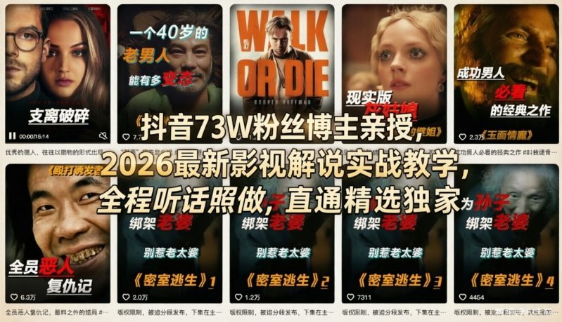 抖音73W粉丝博主亲授，2026最新影视解说实战教学，全程听话照做，直通精选独家-我爱项目网