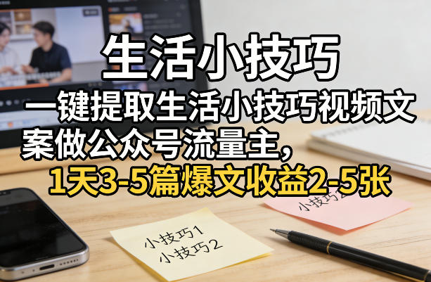 一键提取生活小技巧视频文案做公众号流量主，1天3-5篇爆文收益2-5张-我爱项目网