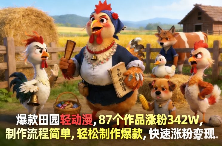 爆款田园轻动漫，87个作品涨粉342W，制作流程简单，轻松制作爆款，快速涨粉变现-我爱项目网