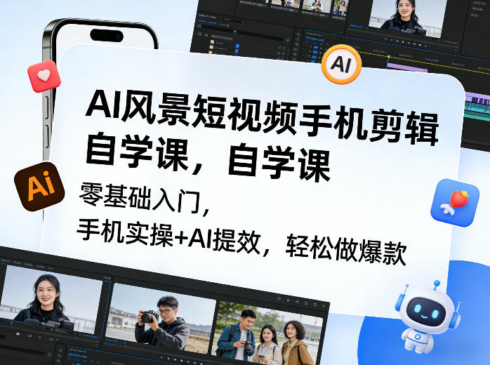 AI风景短视频手机剪辑自学课，零基础入门，手机实操+AI提效，轻松做爆款-我爱项目网