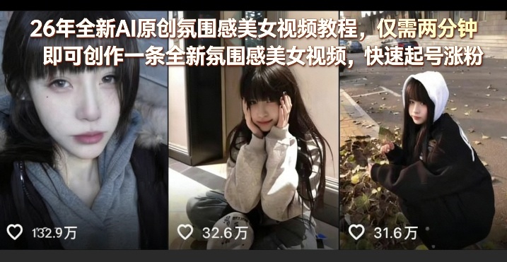26年全新AI原创氛围感美女视频教程，仅需两分钟即可创作一条全新氛围感美女视频，快速起号涨粉-我爱项目网