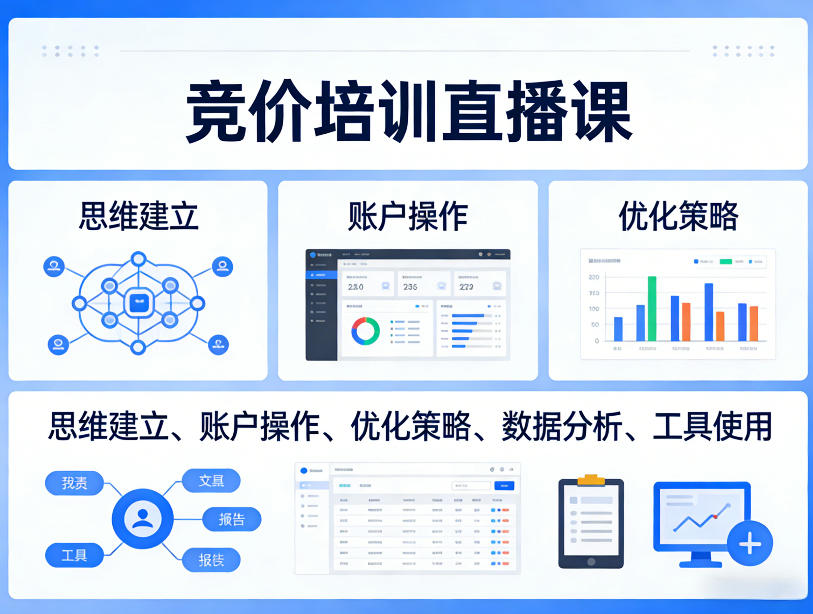 竞价培训直播课，覆盖思维建立、账户操作、优化策略、数据分析、工具使用等，全方位提升效果-我爱项目网