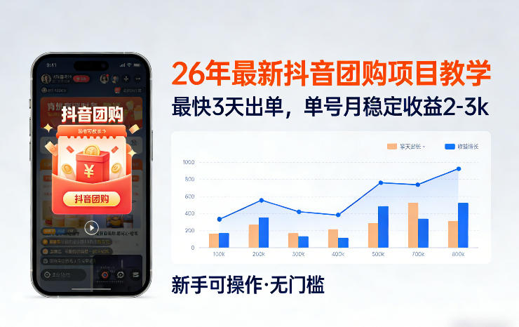 26年最新抖音团购项目教学，0门槛，最快3天出单，单号月稳定收益2-3k-我爱项目网