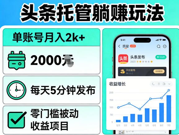头条托管躺賺玩法，单账号月入2k+，每天5分钟发布即可，零门槛被动收益项目【揭秘】-我爱项目网