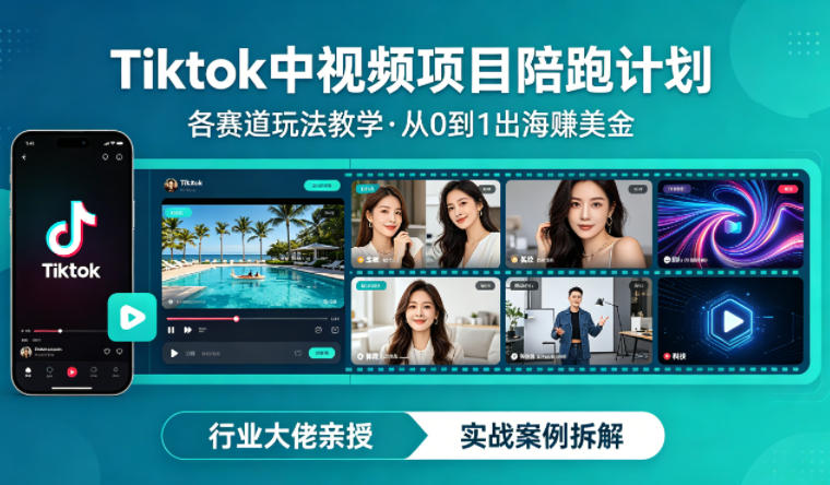 某大佬的Tiktok中视频项目陪跑，涵盖TK各个赛道玩法教学，从0到1出海賺美金-我爱项目网