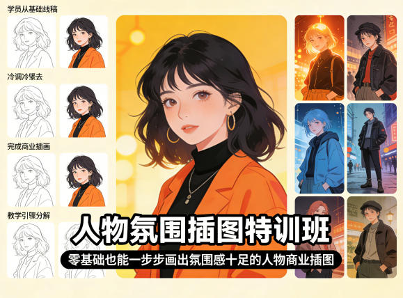 人物氛围插图特训班，零基础也能一步步画出氛围感十足的人物商业插图-我爱项目网